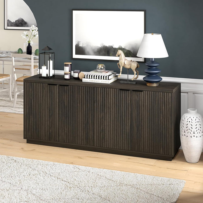 68'' Fluted Sideboard Buffet Cabinet, Ribbed Wooden Credenza with 4 Doors, Adjustable Shelves, and Cable Management Cut-Outs for Dining Room, Kitchen, Living Room or Entryway, Alder Brown