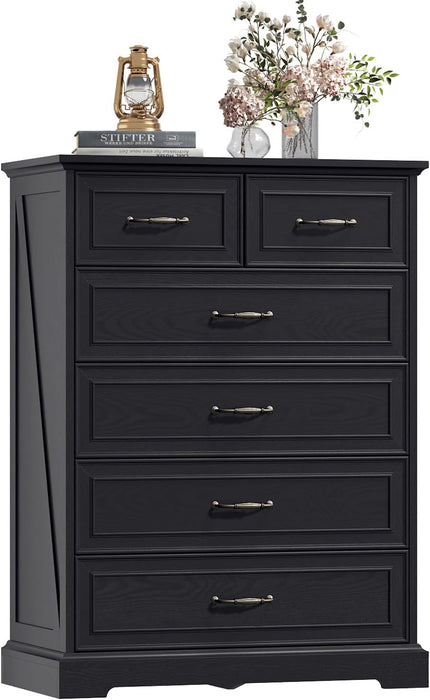 6 Drawer Dresser for Bedroom, 43" Tall Wooden Chest of Drawers, Rustic Farmhouse Dresser with Large Drawers & Metal Handles, Modern Storage Organizer for Closet, Living Room, Hallway, Black