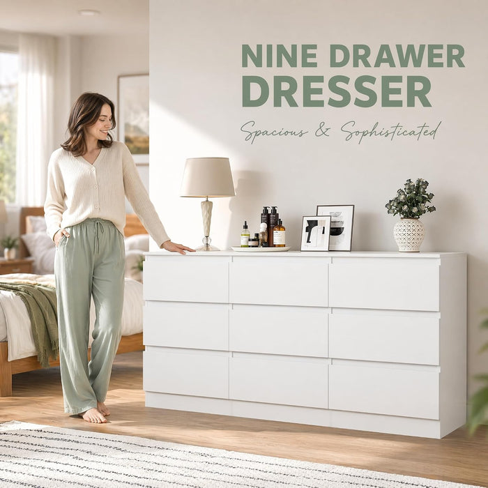 White 9 Drawer Dresser for Bedroom,Modern Deep Drawer Dresser with No-Handle Design,Wide Storage Chest of Drawers,Wood Bedroom Storage Organizer Furniture for Closet,Hallway