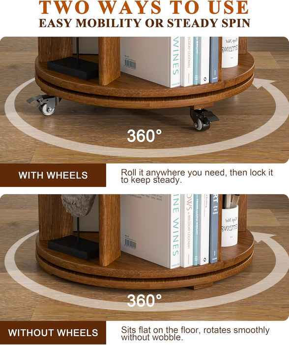 Walnut ThreeSixty Degree Rotating Bookcase On Wheels