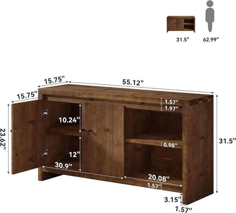 55.11-Inch Sideboard Buffet Cabinet, Farmhouse Solid Wood Storage Cabinet with 2 Doors & Adjustable Shelves, Kitchen Cupboard with Open Shelves for Living Room (Retro Brown)