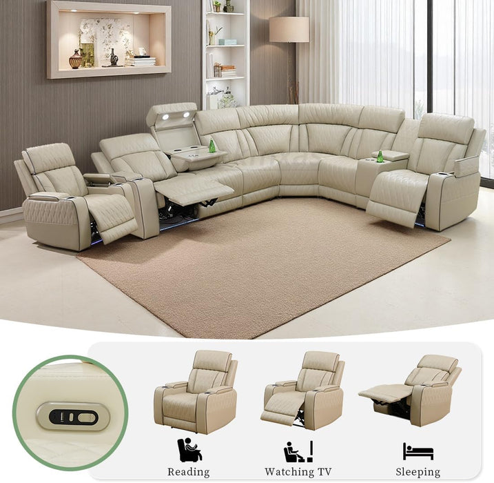 Power Sectional Reclining Sofa Set, Living Room Furniture Sets,Breathing Leather Reclining Sectional Couch with Storage Console/Cup Holder/Led Light for Living Room