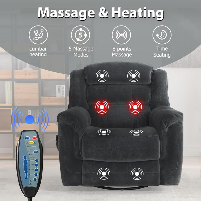 Grey Heated Recliner with Massage, Swivel Rocker