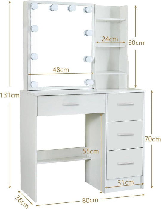 Vanity Desk with Makeup Mirror and Light, Makeup Dressing Table with 4 Drawers and Cushioned Stool for Bedroom, White Dressing Desk for Bedroom