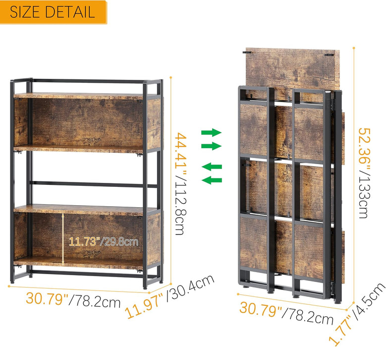 No Assembly 4 Tiers Folding Bookshelf 44.41''H Extra Storage,Rustic Brown