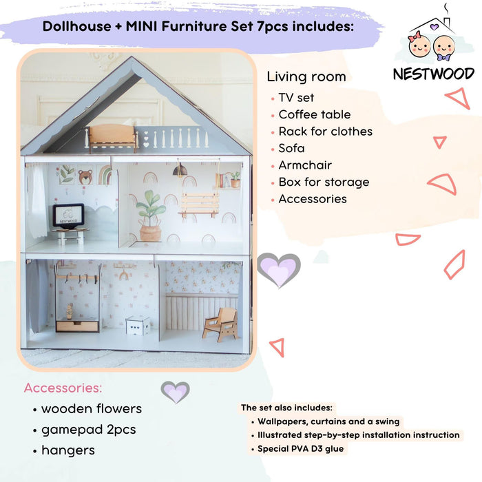 Customizable Wooden Dollhouse - Montessori Toy House with Furniture for Girls - Tiny Wood Playhouse