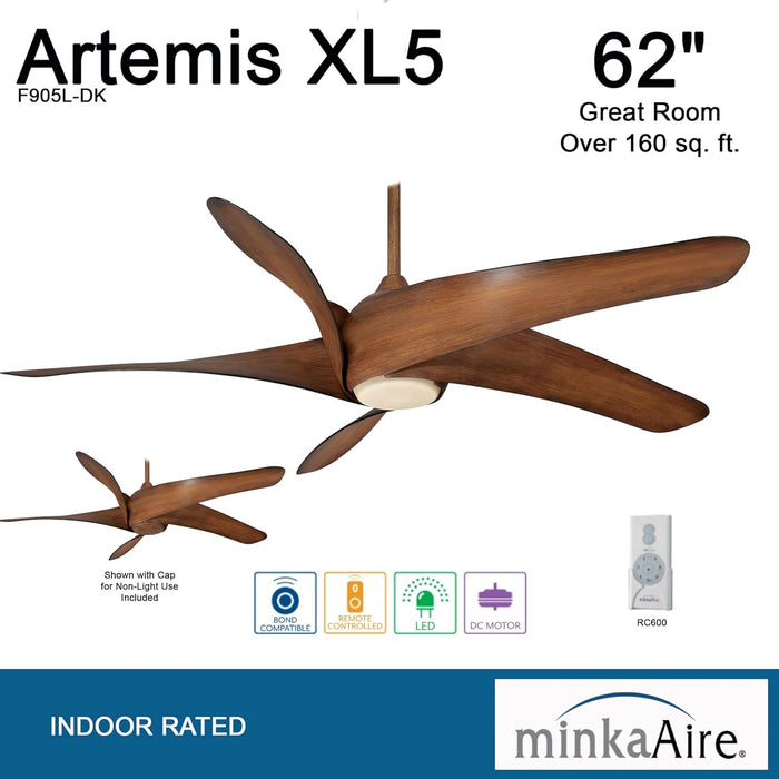 F905L-DK, Artemis XL5 LED Distressed Koa 62" Ceiling Fan with Light & Remote Control