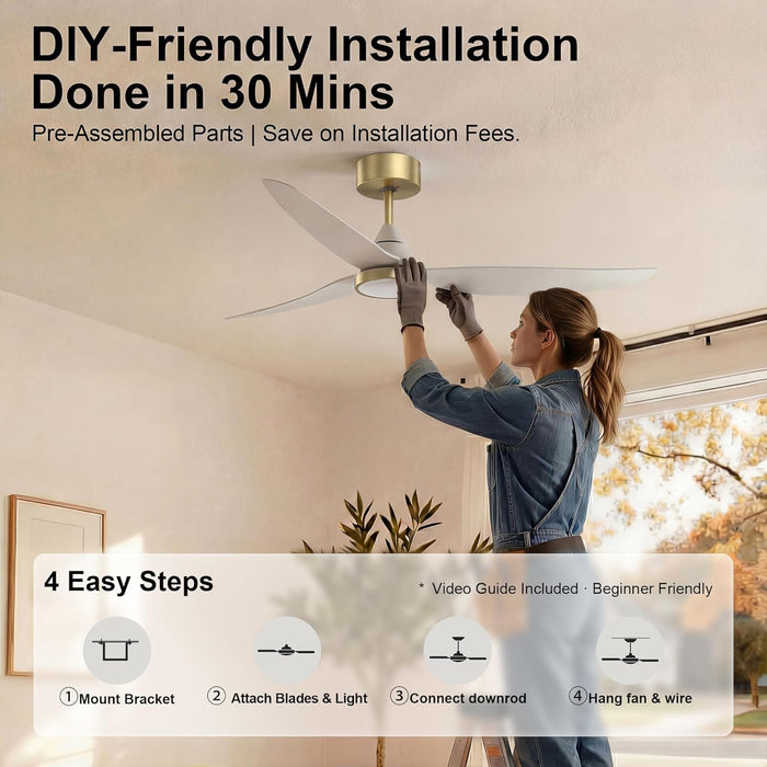 54" Ceiling Fan with Light & Remote Control, Quiet Reversible DC Motor, 6-Speed, 3CCT Dimmable LED, Indoor Ceiling Fans for Bedroom Living Room Dining, by GRANDJOY