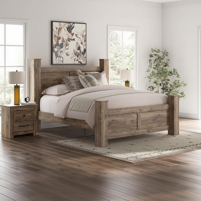 Signature Design by Ashley Keithland King Size Bed Frame with Poster Headboard, Traditional Bedframe in Wood with Hickory Grain Look, Bedroom Furniture, Deep Brown