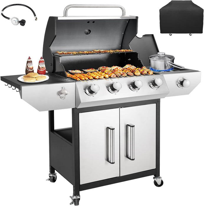 4-Burner Propane Gas BBQ Grill with Side Burner, Barbecue Gas Grill with Enameled Cast Iron Grates for Outdoor Patio Garden Barbecue, 53,000 BTU, Stainless Steel Grill Cover Included