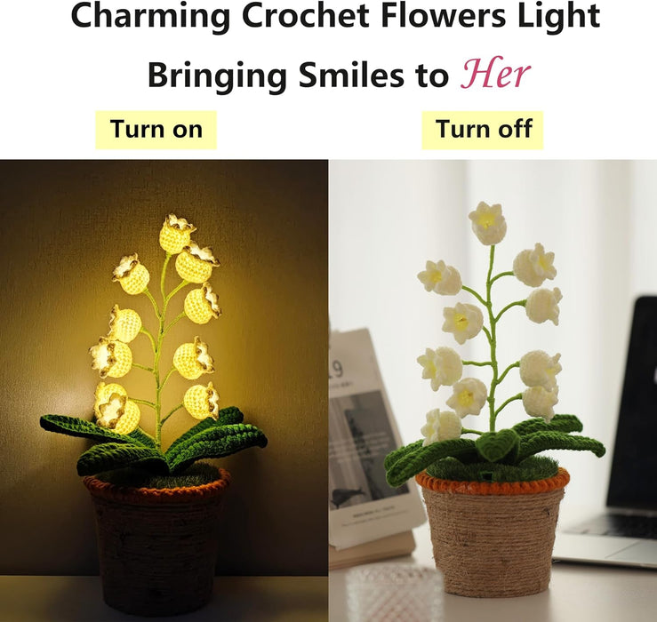 Lily of the Valley Lamp, Crochet Artificial Flowers with Night Lights, Cordless Table Lamp - Women Gift Ideas for Christmas Valentine Mother'S Day, Desk Home Decorations
