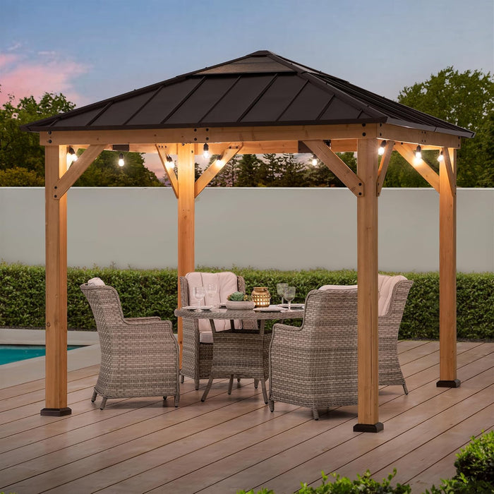 Hardtop Gazebo 9 X 9 Ft. Cedar Framed Wood Gazebo with Brown Steel & Polycarbonate Pyramid Hip Roof and Ceiling Hook for Garden, Backyard Shade, Brown Roof + Natural Wood Frame