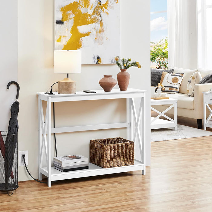 Yaheetech Console Table with Power Outlets, 40 Inches Entryway Table with Charging Station, Wood Sofa Table with Storage Shelves, Side Table, for Hallway, Bedroom, Living Room, Foyer, White
