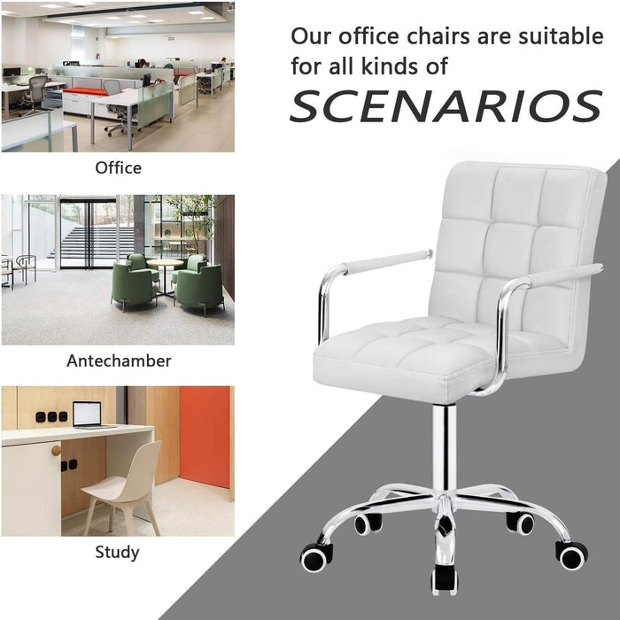 Desk Chair Modern Office Chair with Wheels PU Leather Mid-Back Rolling Chair for Office, Teen, and Bedroom Desks (White)