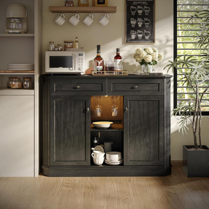 47" Wine Bar Cabinet with LED Light & Power Outlets, 2 Door Coffee Bar Cabinet with 2 Drawers, Sideboard Buffet Cabinet with Storage, Liquor Cabinet for Home Bar, Kitchen Living Room, Black