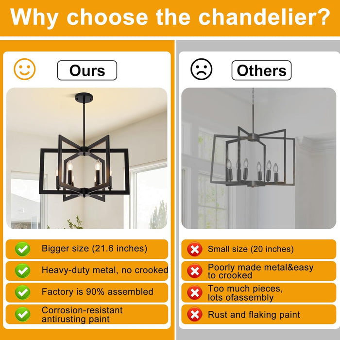 21.6" Black Farmhouse Chandelier,6-Light Geometric Dining Room Fixture,Modern Industrial Foyer Lighting Fixtures,Rustic Farmhouse Hanging Pendant Lights for Kitchen Island,Living Room,Bedroom,Entryway