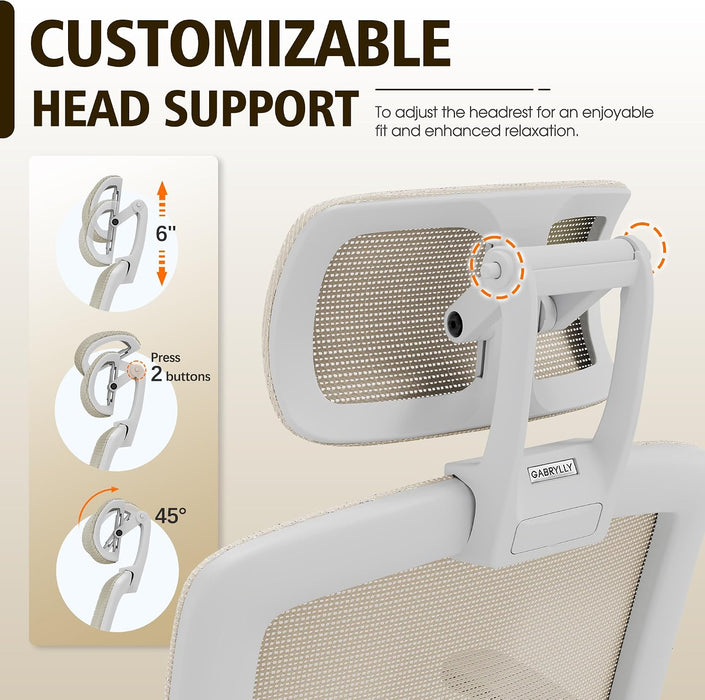 Ergonomic Office Chair, High Back Home Desk Chair with Headrest, Flip-Up Arms, 90-120° Tilt Lock and Wide Cushion, 300LBS Mesh Chairs for Man Woman, White Task Chair(Beige,Gy01Wbg)