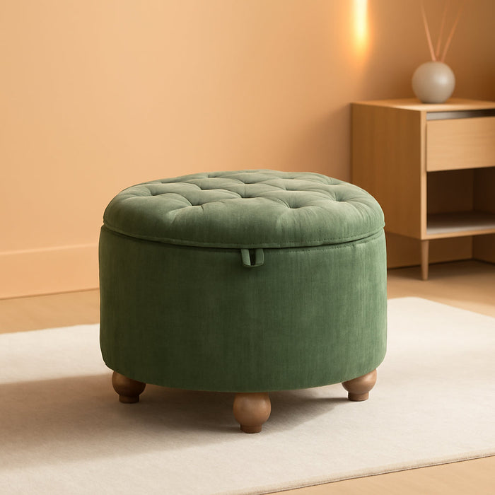 24Inch round Storage Ottoman with Tray, Modern Tufted Circle Coffee Table with Storage, Upholstered Ottoman with Removable Top for Living Room, Bedroom, Chenille Green