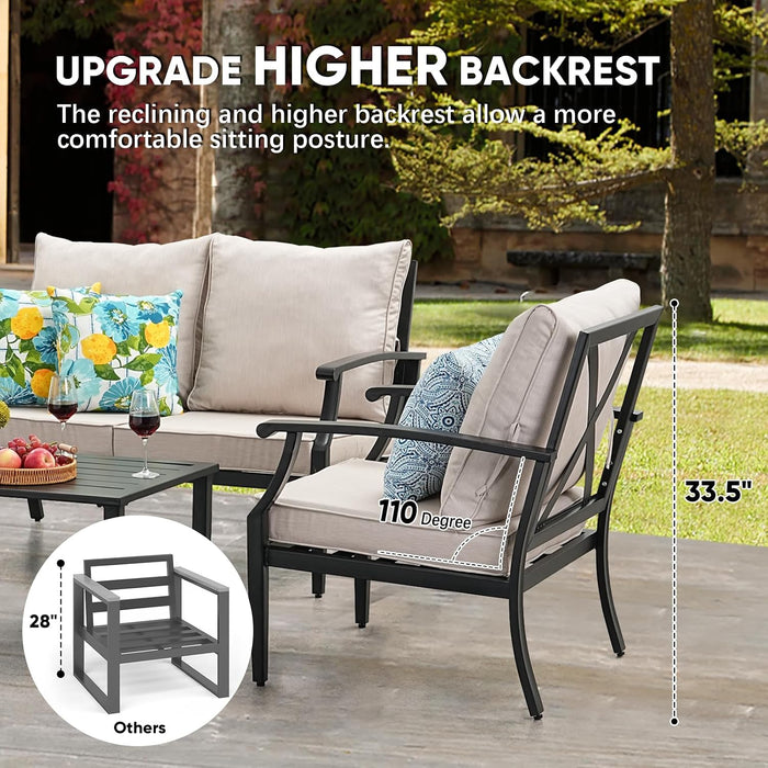 4 Pieces Patio Furniture Set W/Loveseat,Coffe Table,Outdoor Conversation Metal Sofa with High Back and Thick Cushion,For Backyard,Garden,Beige