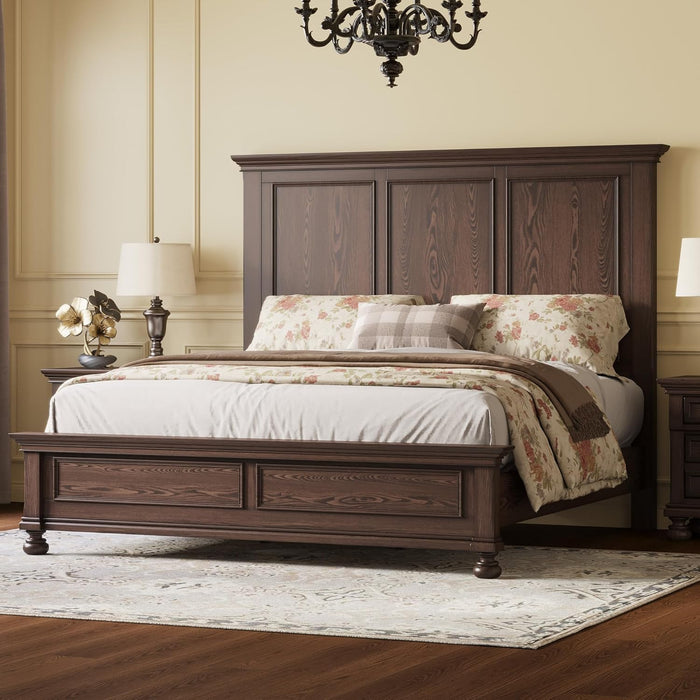 Solid Wood King Bed Frame with 65.2" High Headboard, Traditional Platform Bed with Heavy Duty Slats, No Box Spring Needed, Easy Assembly, Dark Brown