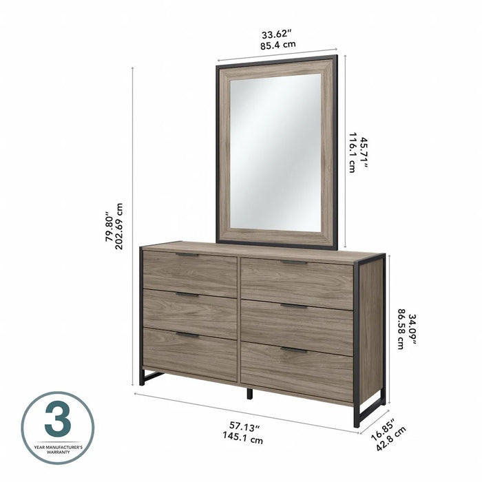 Atria 6 Drawer Modern Engineered Wood Dresser with Mirror in Gray