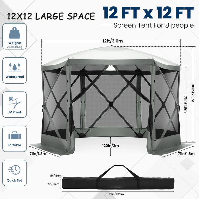 12'X12' Pop-Up Gazebo Outdoor Camping Tent with 6 Sides Mosquito Netting, Waterproof, UV Resistant, Portable Screen House Room, Easy Set-Up Party Tent with Carry Bag, Ground Spike, Gray