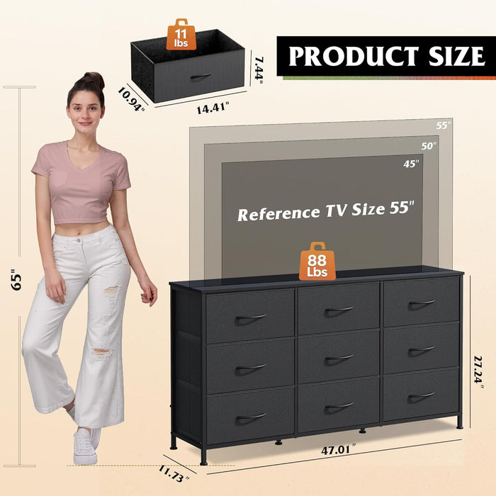 47''W Dresser for Bedroom, Black Dresser TV Stand for 45, 50, 55 Inch TV, Wide Chest of Drawers with 9 Drawer, Large Entertainment Center, Fabric Dressers with Wood Top for Closet, Living Room