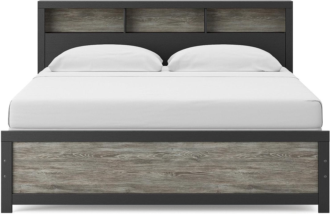 Signature Design by Ashley Jonnifer King Bed Frame with Bookcase Headboard, Storage Cubbies, Engineered Wood and Decorative Laminate, Bedroom Use, Warm Gray and Matte Black