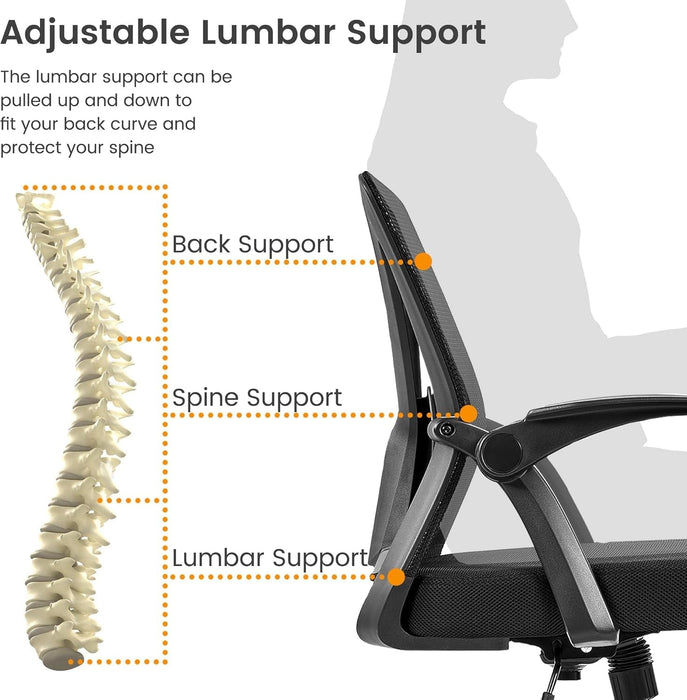 Home Office Chair Work Desk Chair Swivel Computer Mesh Chair with Flip-Up Arms Adjustable Height Lumbar Support Executive Office Task Chair for Home Office Students Study, Black