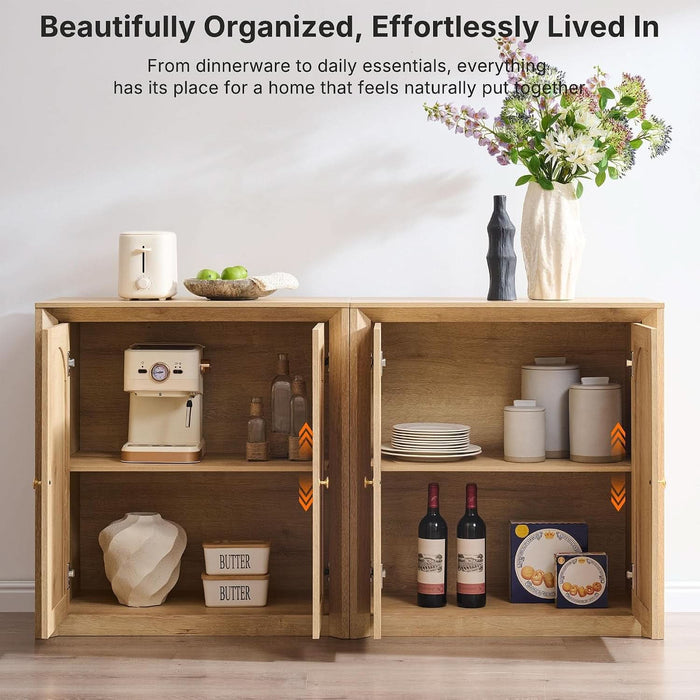 Rattan Arched Door Sideboard Buffet Cabinet, Natural Oak