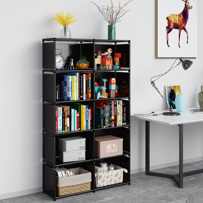 6-Tiers Portable Bookshelf with Fabric Cloth at Back, 10 Cube Closet Storage Organizer Bookcase, Living Room,Study Room,Bedroom, Black