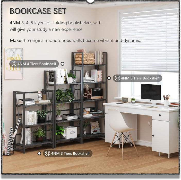 No Assembly Folding Bookshelf Book Shelves, 5-Tier 62.2"" H Collapsible Foldable Bookcase Storage Industrial Shelf for Living Room Bedroom Office