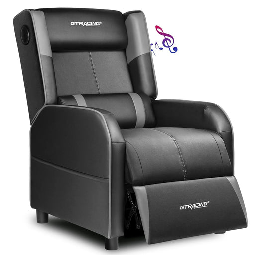 Gaming Recliner Chair Bluetooth Speakers Footrest Racing Style Single Living Room Sofa PU Leather Home Theater Seating Massage Lumbar Support, Gray