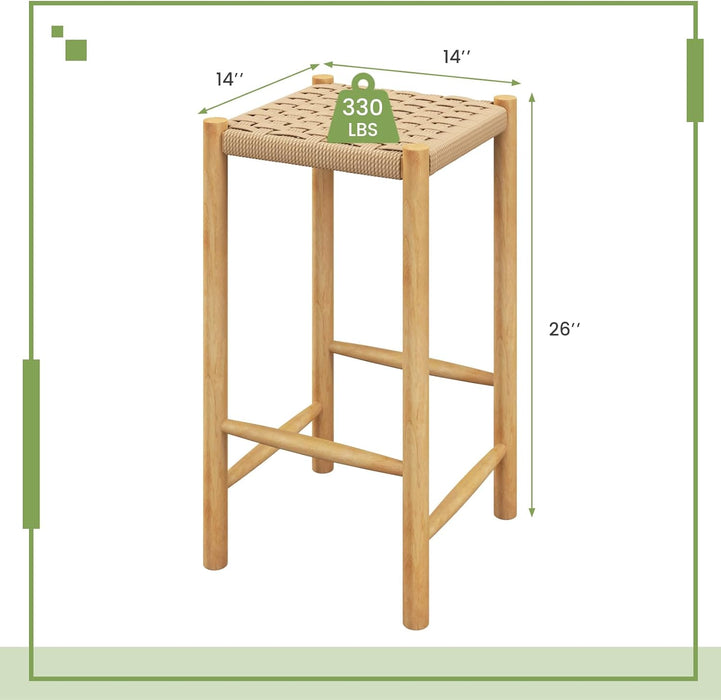26" Counter Height Wood Bar Stools Set of 2, Boho Rattan Barstools, Max Load 330 Lbs, Armless Saddle Kitchen Stools, Backless Wicker Bar Stools for Kitchen Counter Indoor Outdoor