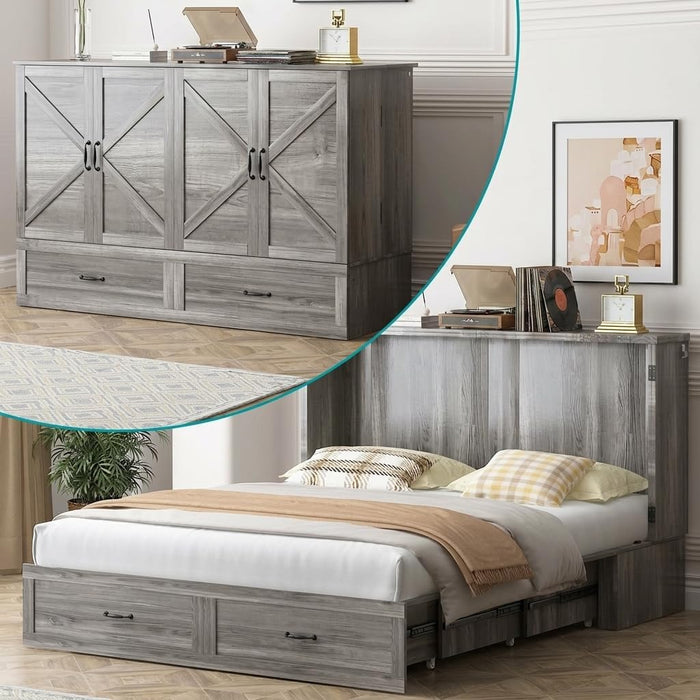 Grey QueenSize MurphyBed With Mattress USBCharging