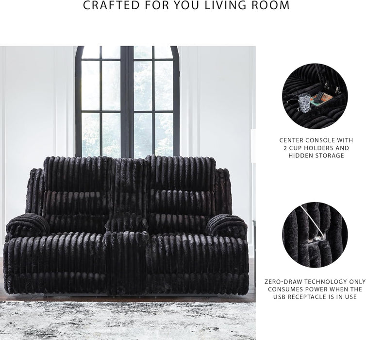 Signature Design by Ashley Higgesbee Contemporary Reclining Loveseat with Console, USB Charging Port, Storage and 2 Cup Holders, Black