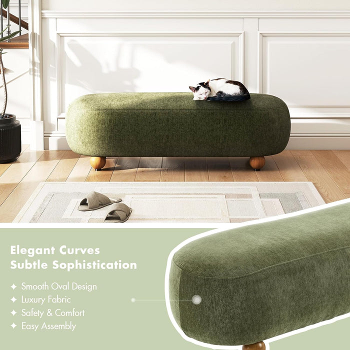 54-Inch Green Upholstered Bench for Bedroom, 4.5Ft End of Bed Accent Ottoman Bench with round Solid Wood Legs, Long Oval Footstool for Entryway & Hallway, Velvet Padded Seat