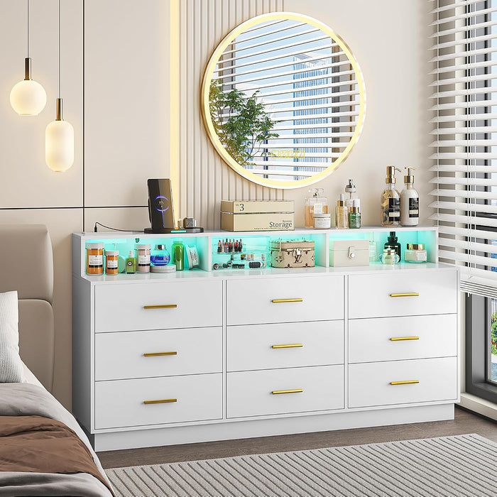 White 9 Drawer Dressers for Bedroom, Modern Large Dresser with LED Light and Power Outlet, Wooden Long Dresser for Bedroom, Entryway, Hallway