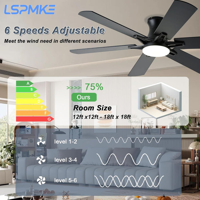 Ceiling Fans with Lights, 52 Inch Low Profile Ceiling Fan with Light and Remote, Flush Mount, Quiet, Reversible, 3CCT, Dimmable, Black RGB Ceiling Fan for Bedroom, Living Room, Indoor/Outdoor