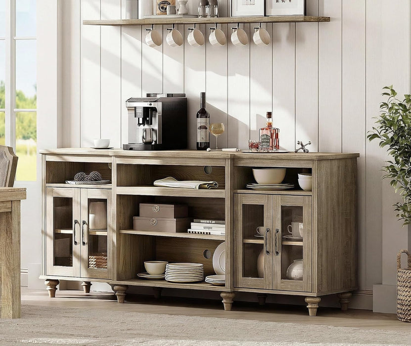 Buffet Cabinet with 4 Glass Doors, Large Coffee Bar Tables Wood Kitchen Storage Cabinets with 9 Storages, Modern Farmhouse Sideboard Credenza, Wash Gray, 70 Inch