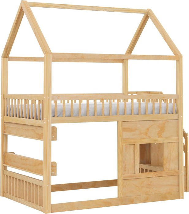 Full Size Natural Wooden House Bed With LED Lights