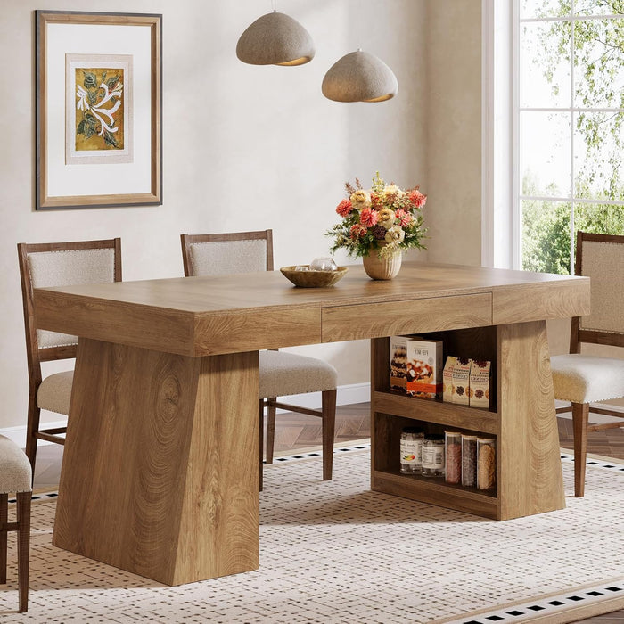 Dining Table for 4-6 People, 55-Inch Wooden Kitchen Table for Dinner with Storage Drawer and Shelves, Farmhouse Rectangle Furniture for Dining Room, Kitchen, Home, Brown