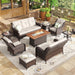 9 Piece Outdoor Patio Furniture Sets,Wicker Conversation Set with 3-Seat Sofa,2 Swivel Chair,2 Side Tables,2 Ottomans,1 Fire Table and 1 Lover Sofa for Garden,Brown Rattan Beige Cushion