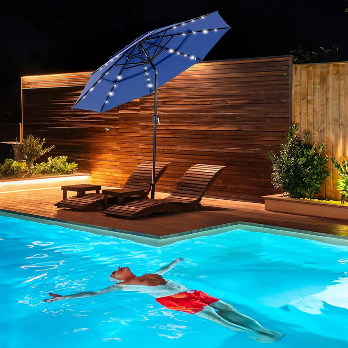 Outdoor Solar Patio Umbrella 3 Tiers with 32 LED Lights, Beach Market Table Umbrella with Crank and 8 Sturdy Ribs for Pool, Terrace, Restaurant