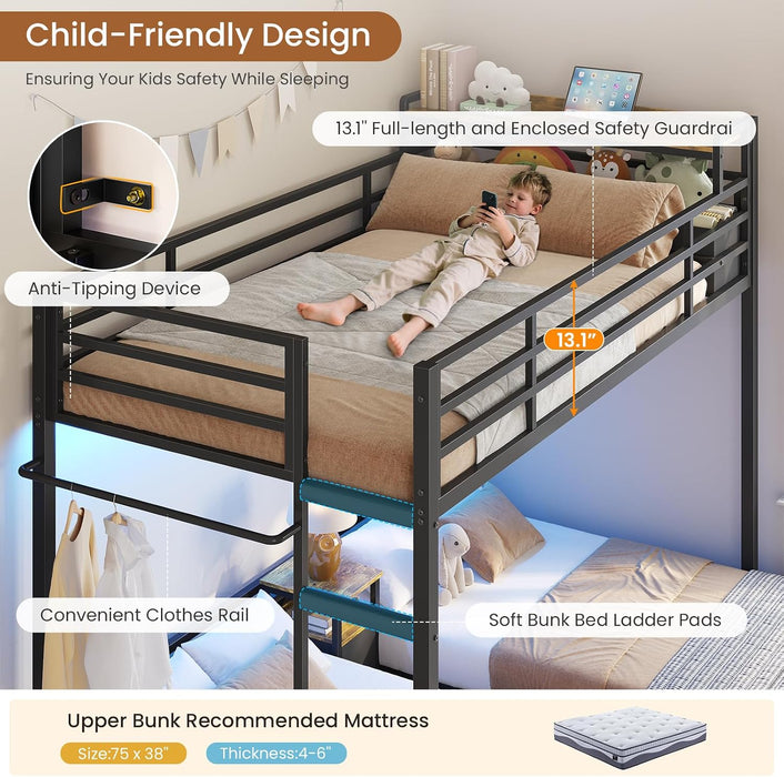 Triple Bunk Bed for Kids with Storage Drawers and Charging Station Twin over Twin Metal Bunk Bed with Storage Shelves and Box,3 Beds with Guardrails and Ladder, No Box Spring Needed, Black
