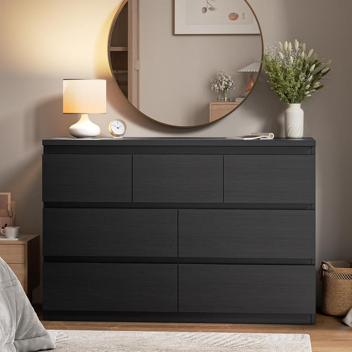 Modern Black 7 Drawer Dresser for Bedroom, Simply Chest of Drawers, Wood Storage Dresser with Deep Drawers for Living Room Hallway Entryway, Black