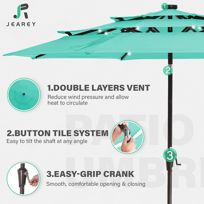 9 Ft 3-Tier Outdoor LED Lighted Patio Umbrella W/Crank, Peacock Blue