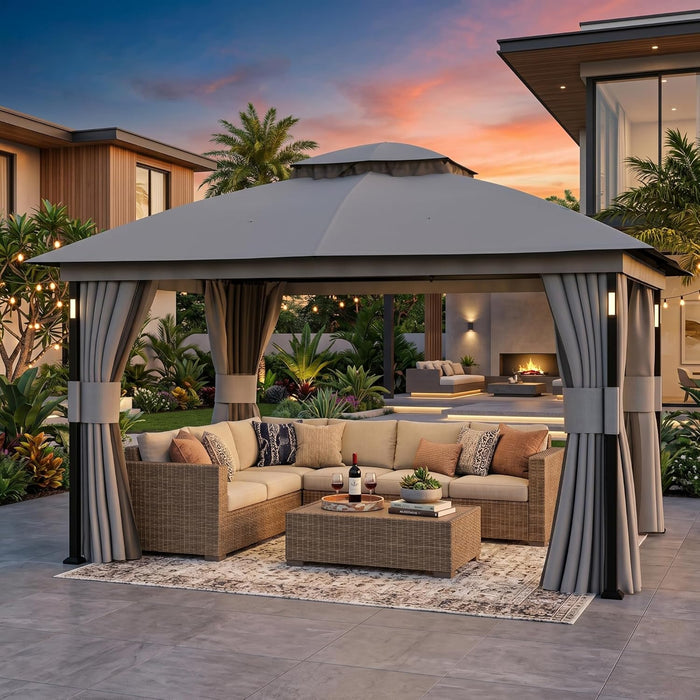 Patio Gazebo 11'X13' with LED Lights & Bluetooth Speaker, Heavy Duty Outdoor Canopy Shelter with Metal Frame, Double Roofs, Soft Top Gazebo with Netting and Curtains for Backyard, Gray