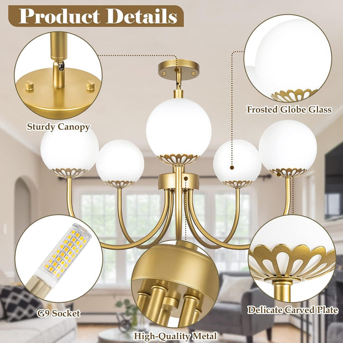 Gold Sputnik Chandelier Pendant Light Frosted Glass