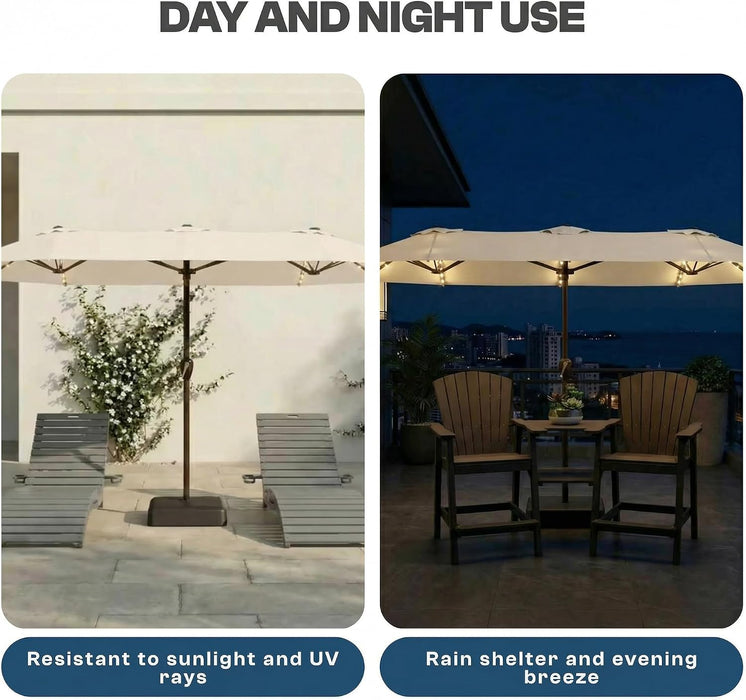 15FT Patio Umbrella with Solar Lights, Double-Sided Extra Large Outdoor Table Umbrella with Base Included, Heavy-Duty 12 Iron Ribs Market Umbrella for Garden, Pool, Backyard, Creamy White